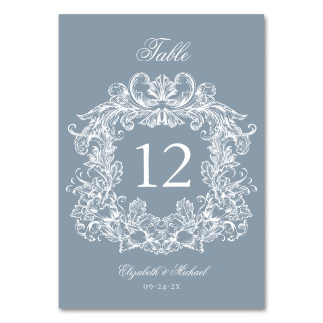 Elegant Dusty Blue Vintage Crest Wedding Table Number (Front)