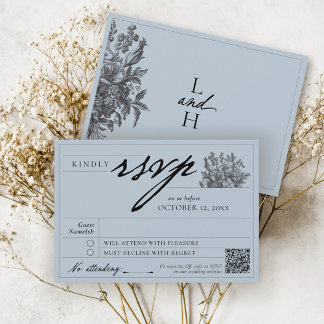 Elegant Dusty Blue Vintage Floral Boho Wedding RSVP Card