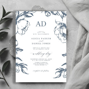 Elegant dusty blue vintage floral wedding invitation