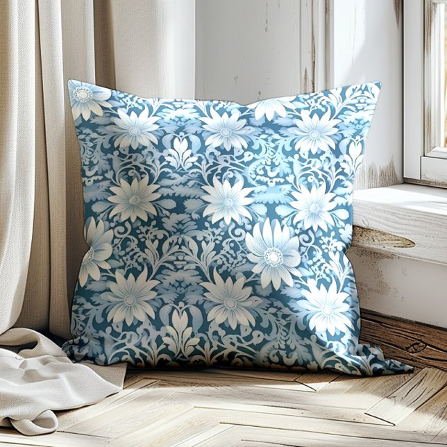 Elegant Dusty Blue Vintage Flowers  Cushion (Dusty blue and white vintage flowers decorator pillow)