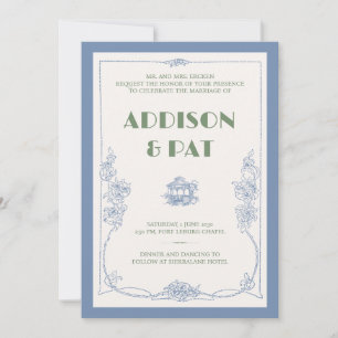 Elegant Dusty Blue Vintage Wedding Invitation