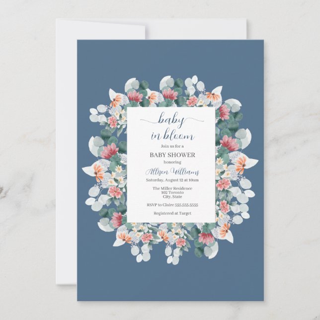 Elegant dusty blue watercolor baby shower   invitation (Front)