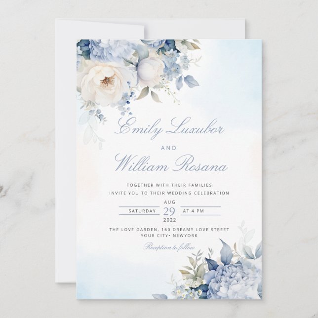 Elegant Dusty Blue Watercolor Boho Floral Wedding  Invitation (Front)