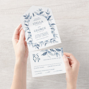 Elegant Dusty Blue Watercolor Floral Arch Wedding All In One Invitation