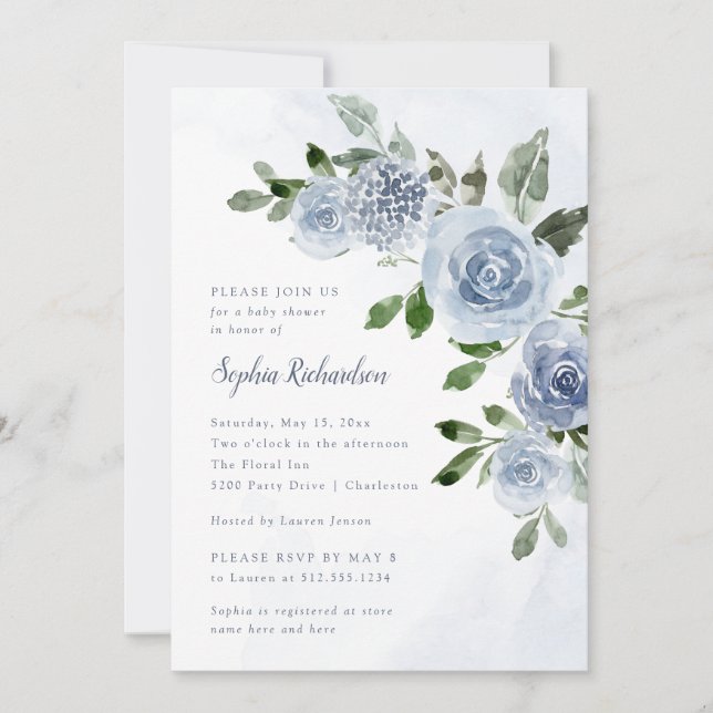 Elegant Dusty Blue Watercolor Floral Baby Shower Invitation (Front)
