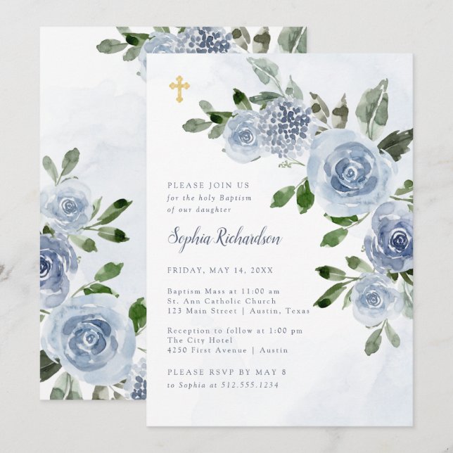 Elegant Dusty Blue Watercolor Floral Baptism Invit Invitation (Front/Back)