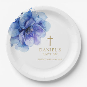 Elegant Dusty Blue Watercolor Floral Baptism Paper Plate