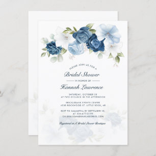 Elegant Dusty Blue Watercolor Floral Bridal Shower Invitation