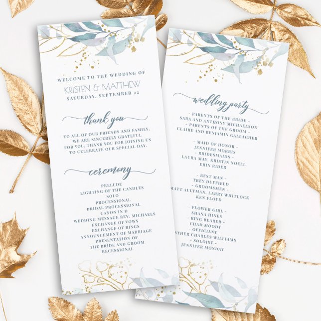 Elegant Dusty Blue Watercolor Floral Gold Wedding (Elegant dusty blue greenery with gold accent makes this the perfect program for your boho wedding)