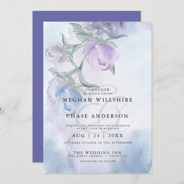 Elegant Dusty Blue Watercolor Floral Invitation (Front/Back)