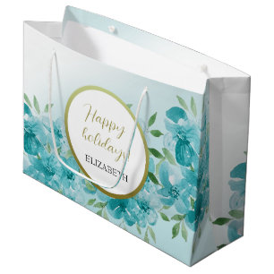Elegant Dusty Blue Watercolor Floral Monogrammed Large Gift Bag
