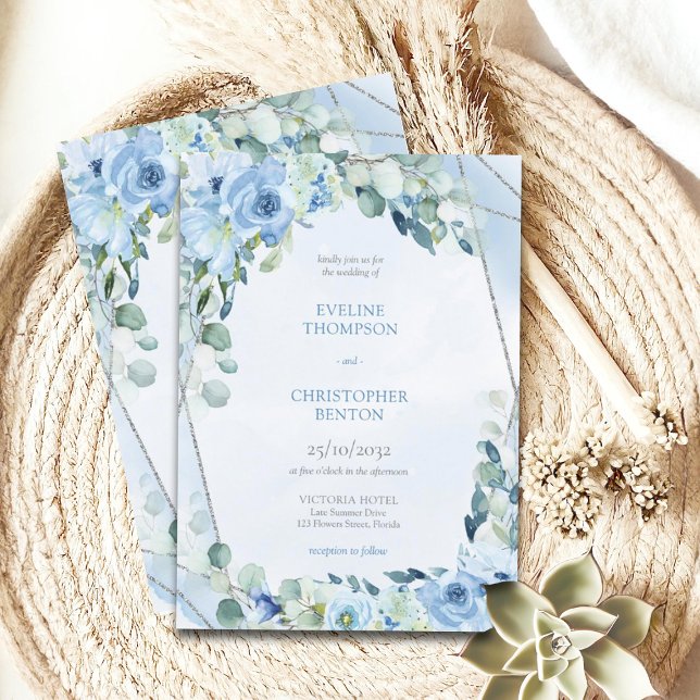 Elegant dusty blue watercolor floral silver frame  invitation (watercolor blue winter flowers mixed eucalyptus and silver frame wedding invitation)