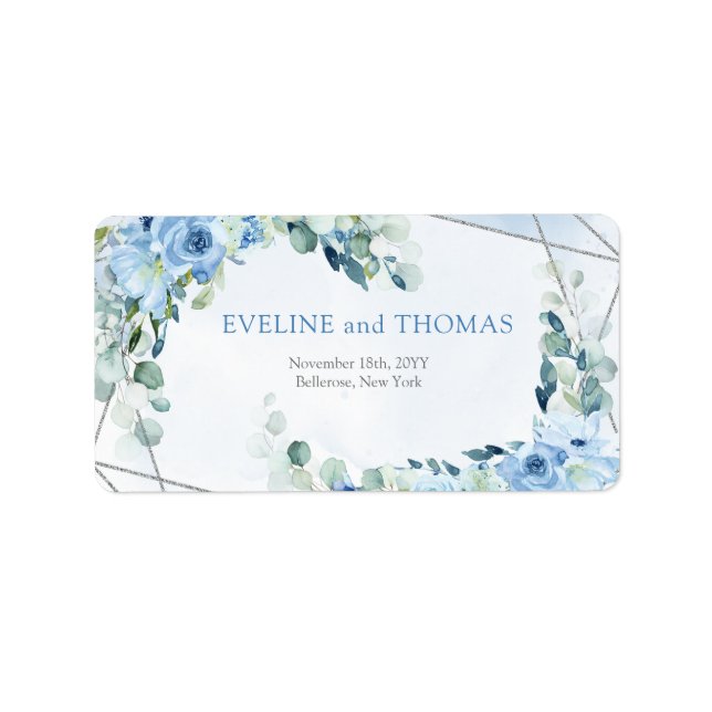Elegant dusty blue watercolor floral silver frame  label (Front)