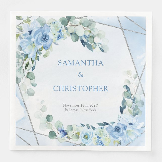 Elegant dusty blue watercolor floral silver frame  napkin (Front)