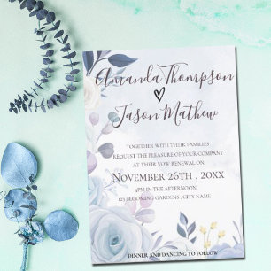 Elegant Dusty Blue Watercolor Floral Vow Renewal Invitation
