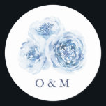 Elegant dusty blue watercolor floral wedding classic round sticker<br><div class="desc">Modern dusty blue watercolor floral and couple monograms in navy,  elegant and stylish,  great for formal floral wedding,  winter garden wedding and summer beach wedding. 
See all the matching pieces in collection</div>
