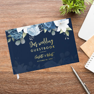 Elegant Dusty Blue Watercolor Floral Wedding Guest Book