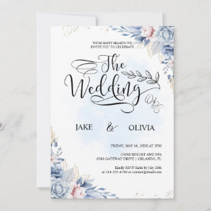 Elegant Dusty Blue Watercolor Floral Wedding  Invitation