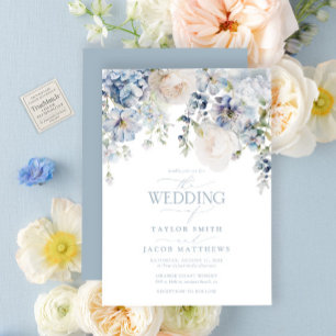 Elegant Dusty Blue Watercolor Floral Wedding Invitation