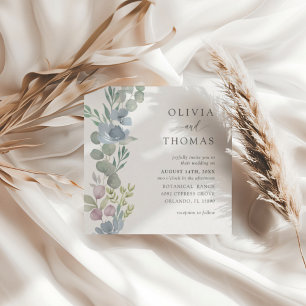 Elegant Dusty Blue Watercolor Floral Wedding Invitation