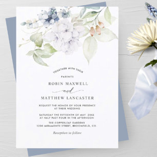 Elegant Dusty Blue Watercolor Floral Wedding Invitation