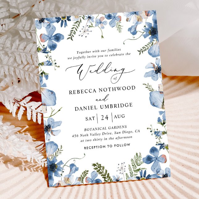 Elegant Dusty Blue Watercolor Floral Wedding Invitation (Creator Uploaded)
