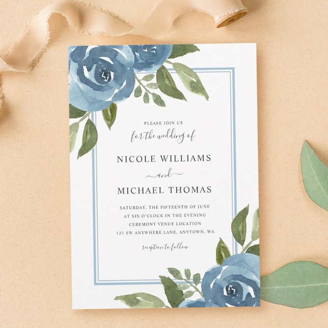 Elegant Dusty Blue Watercolor Floral Wedding Invitation (Creator Uploaded)