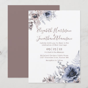 Elegant Dusty Blue Watercolor Floral Wedding Invitation