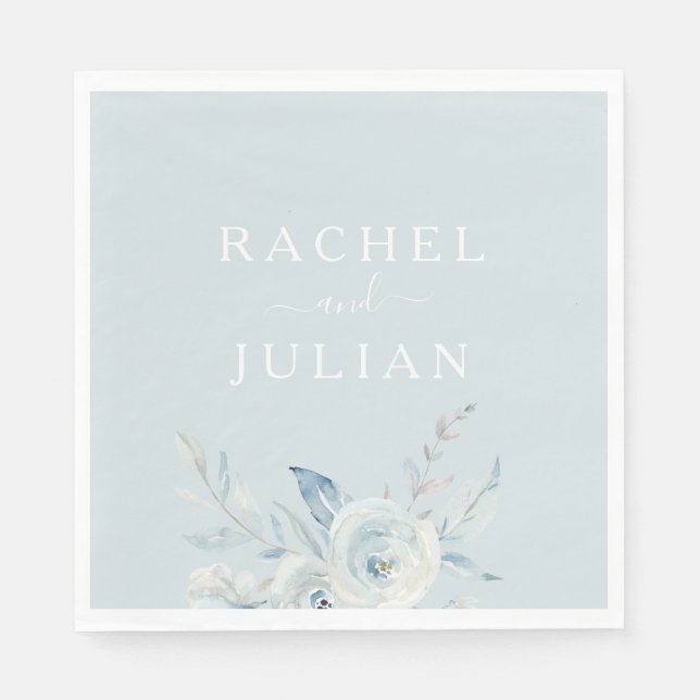 elegant dusty blue watercolor floral wedding napkin (Front)