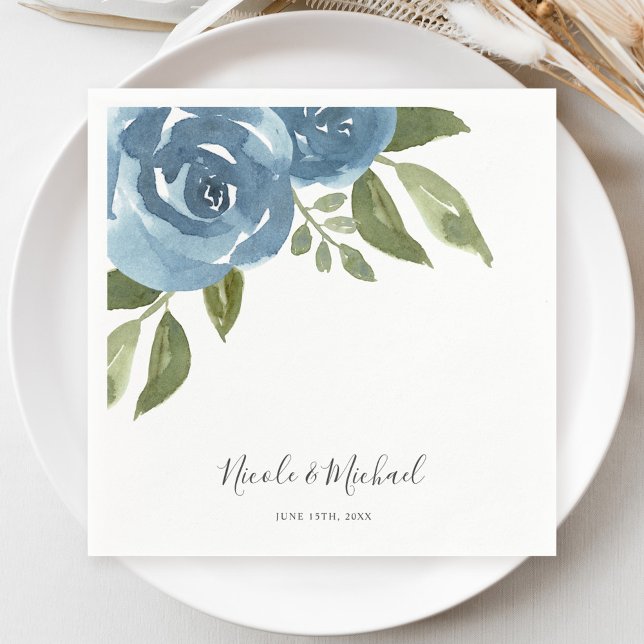 Elegant Dusty Blue Watercolor Floral Wedding Napkin (Creator Uploaded)