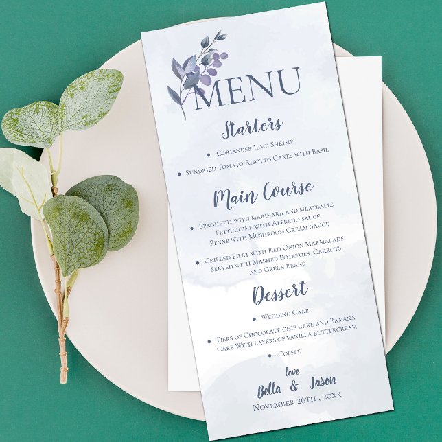 Elegant Dusty Blue Watercolor Floral Wedding Party Menu (Elegant Dusty Blue Watercolor Floral Wedding Party Menu)