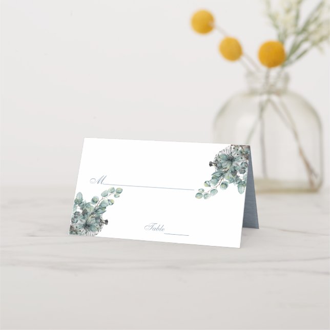 Elegant Dusty Blue Watercolor Floral Wedding Place Card (Front)