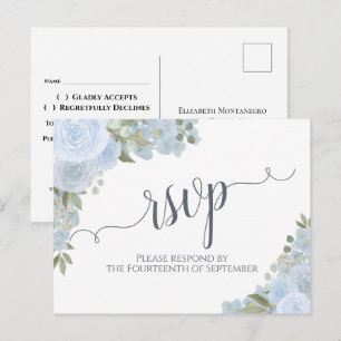 Elegant Dusty Blue Watercolor Floral Wedding RSVP Postcard