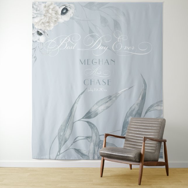 Elegant Dusty Blue Watercolor Foliage and Flowers Tapestry (In Situ)