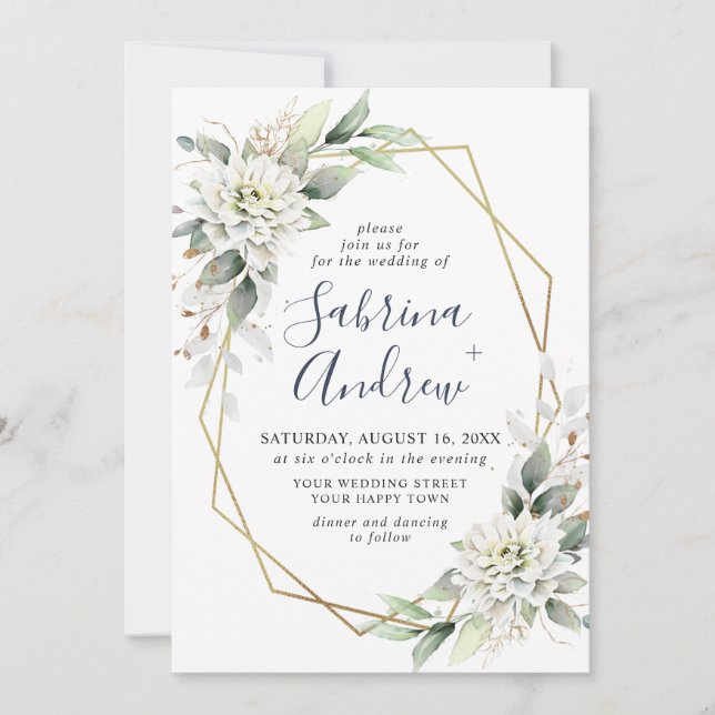 Elegant Dusty Blue Watercolor Greenery Wedding Invitation (Front)