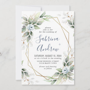 Elegant Dusty Blue Watercolor Greenery Wedding Invitation