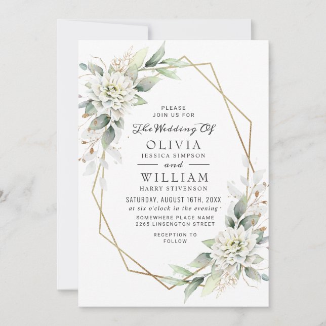 Elegant Dusty Blue Watercolor Greenery Wedding Invitation (Front)