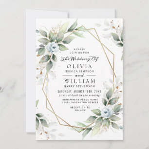 Elegant Dusty Blue Watercolor Greenery Wedding Invitation