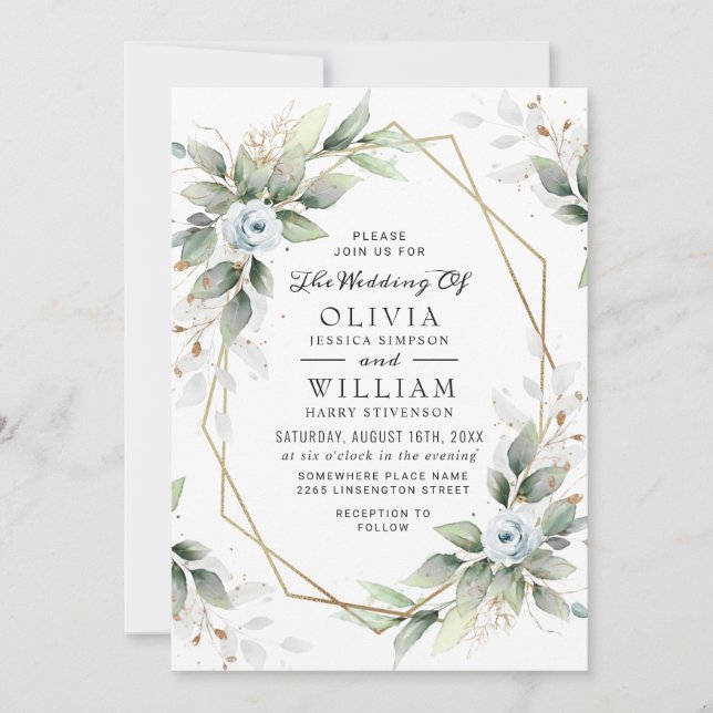 Elegant Dusty Blue Watercolor Greenery Wedding Invitation (Front)