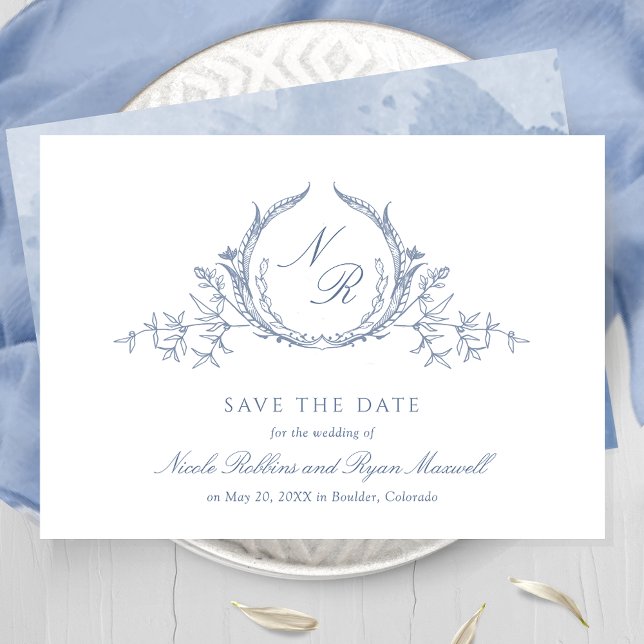 Elegant Dusty Blue Watercolor Monogram Calligraphy Save The Date (Creator Uploaded)
