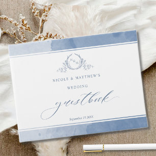 Elegant Dusty Blue Watercolor Monogram Wedding Guest Book