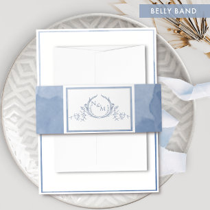 Elegant Dusty Blue Watercolor, Monogram Wedding Invitation Belly Band