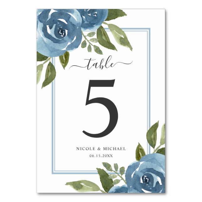 Elegant Dusty Blue Watercolor Wedding Table Number (Front)
