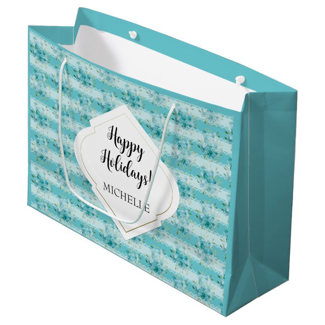 Elegant Dusty Blue Watercolor Wildflowers Monogram Large Gift Bag (Front Angled)