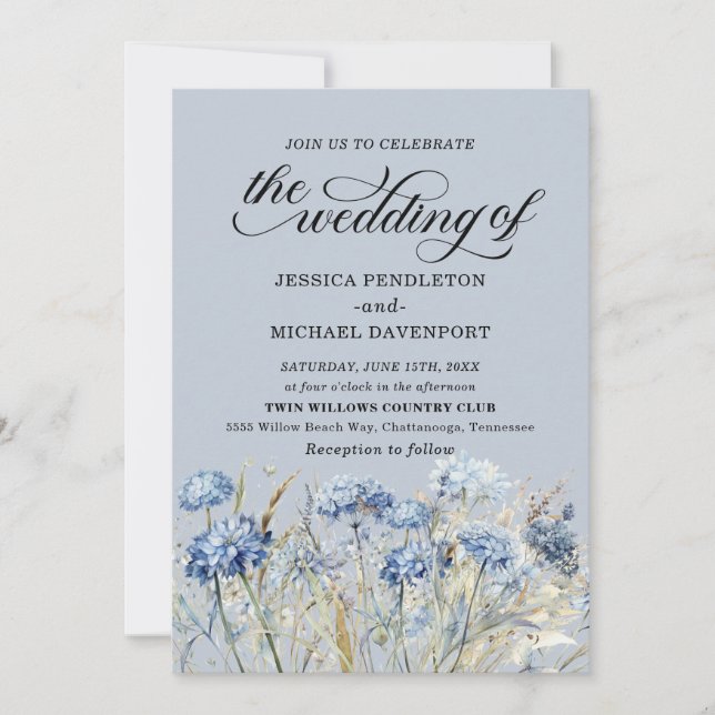 Elegant Dusty Blue Watercolor Wildflowers Wedding  Invitation (Front)
