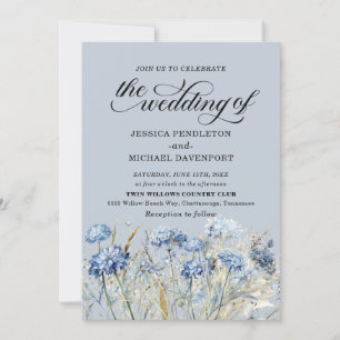 Elegant Dusty Blue Watercolor Wildflowers Wedding  Invitation
