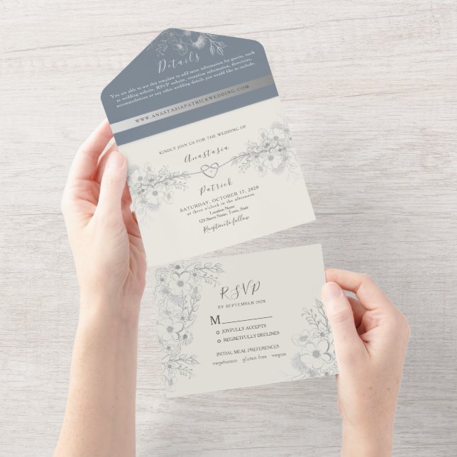 Elegant Dusty Blue Wedding All In One Invitation (Tearaway)