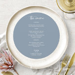 Elegant Dusty Blue Wedding Circle Menu Cards<br><div class="desc">A stylish calligraphy wedding menu card for the plate. Easy to personalise with your details. CUSTOMIZATION: If you need design customisation,  please contact me through chat; if you need information about your order,  shipping options,  etc.,  please contact Zazzle support directly.</div>