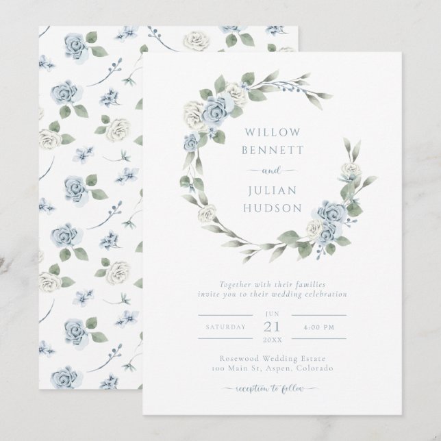 Elegant Dusty Blue Wedding Invitation (Front/Back)