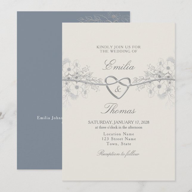 Elegant Dusty Blue Wedding Invitation (Front/Back)